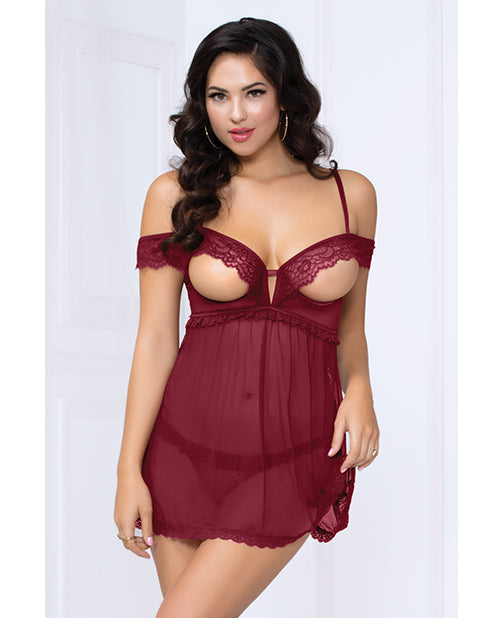 Nuisette à bonnets ouverts en dentelle et résille avec dos évasé et culotte - Bordeaux TP/P