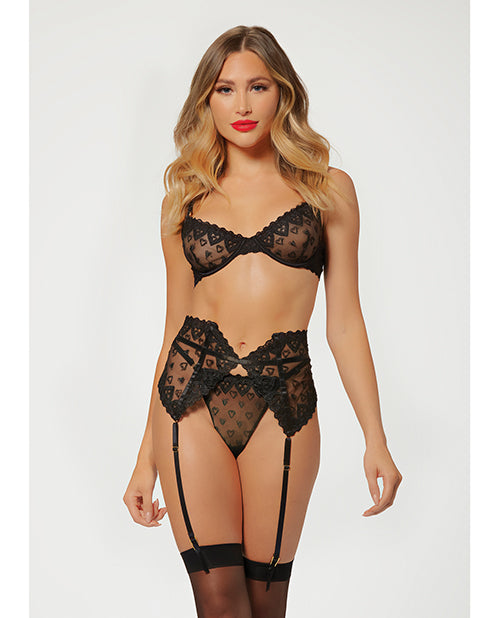Soutien-gorge, guêpière et culotte en maille brodée "Cœur de la Saint-Valentin" noirs, taille XL