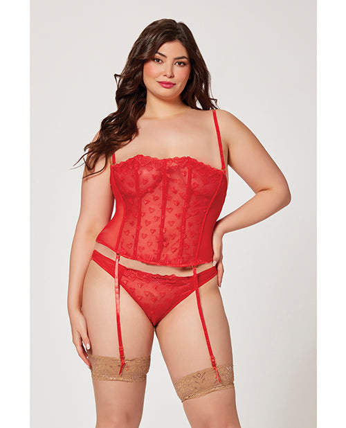 Bustier et culotte en résille brodée cœur Saint-Valentin rouge 3X/4X