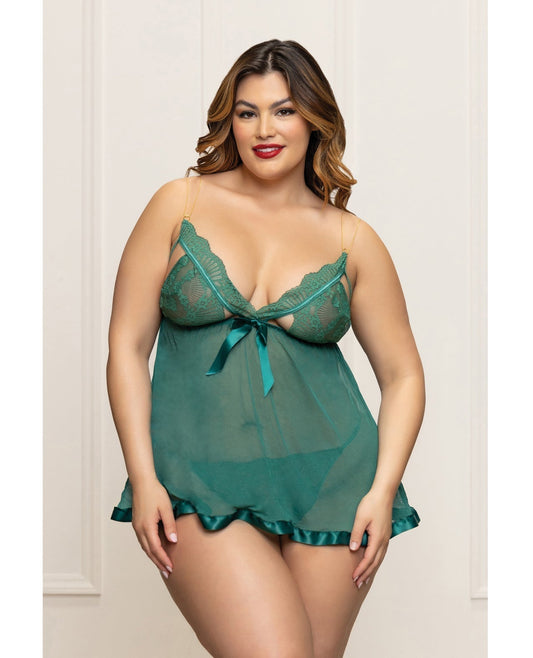 Ensemble nuisette en dentelle et résille avec bretelles dorées et string - Vert 1X/2X