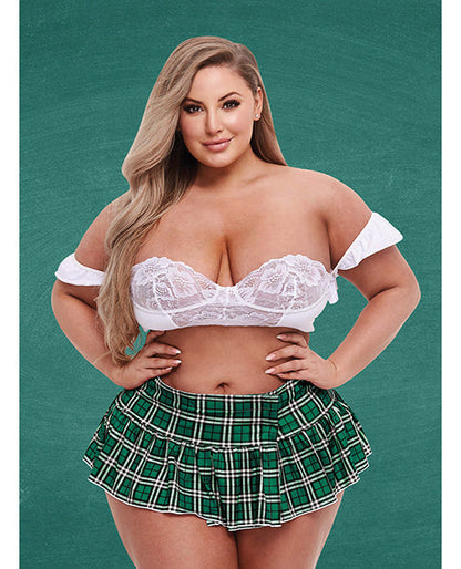 Green Tartan Schoolgirl Bustier And Micro Mini Skirt Costume Set Queen Size