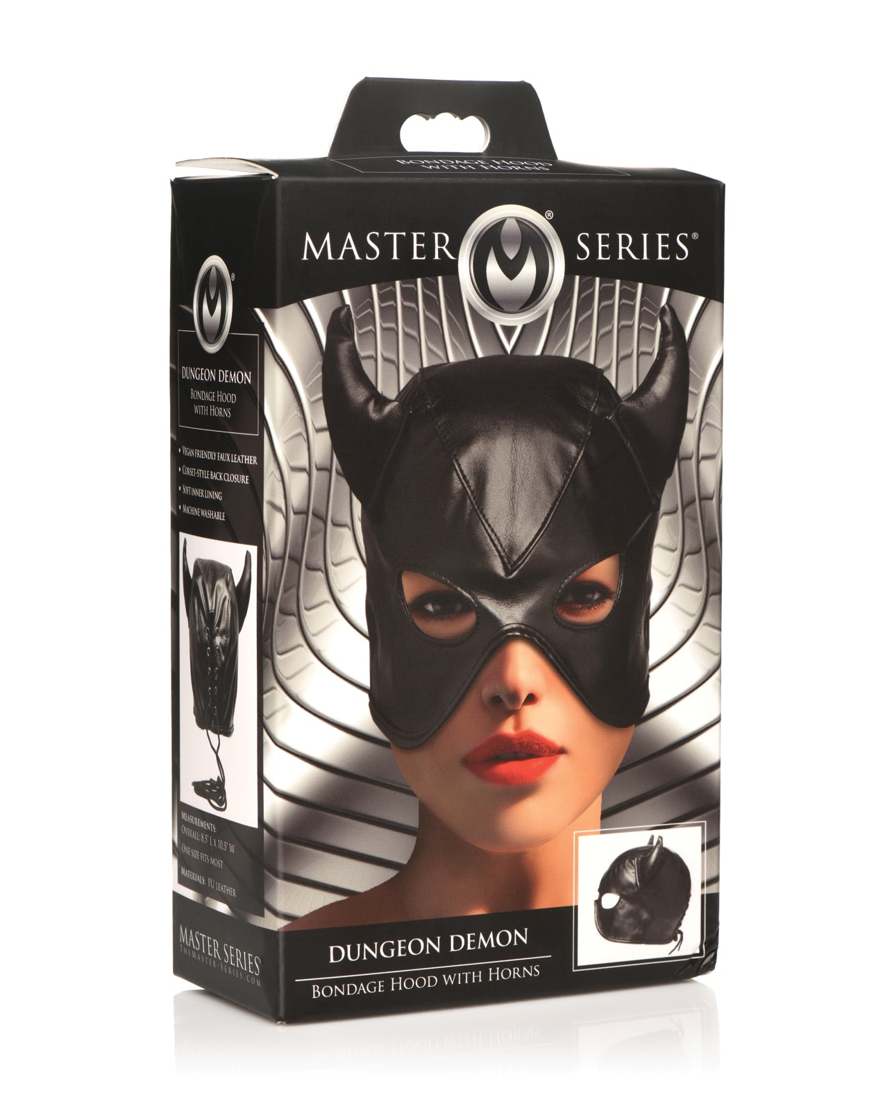 Master Series Dungeon Demon PU Leather Bondage Hood With Horns In Black