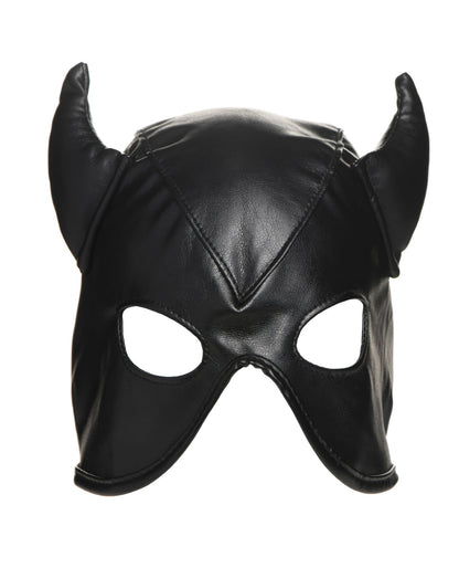 Master Series Dungeon Demon PU Leather Bondage Hood With Horns In Black