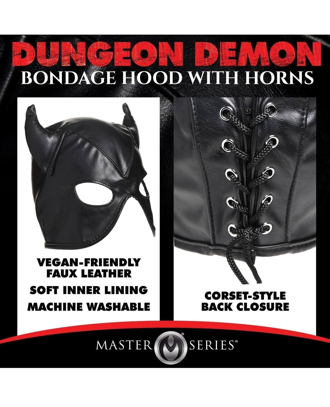 Master Series Dungeon Demon PU Leather Bondage Hood With Horns In Black