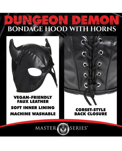 Master Series Dungeon Demon PU Leather Bondage Hood With Horns In Black