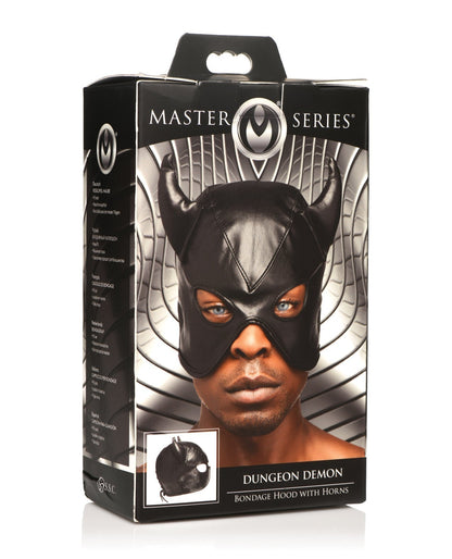 Master Series Dungeon Demon PU Leather Bondage Hood With Horns In Black