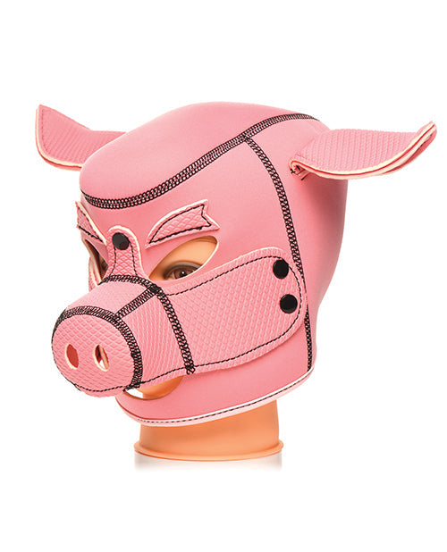 Pink pig face neoprene hood with stitched snout and black trim, front view