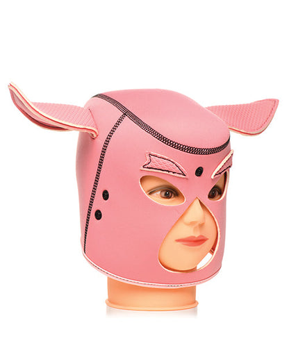 Pink pig face neoprene hood with eye cutouts and snout opening, front 3/4 view
