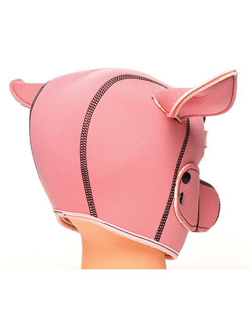 Pink pig neoprene hood with floppy ears and black stitched trim, side profile