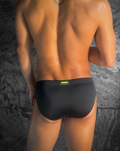 Jet Black Nylon Spandex Swim Brief With Neon Yellow Drawstring And Logo Hardware