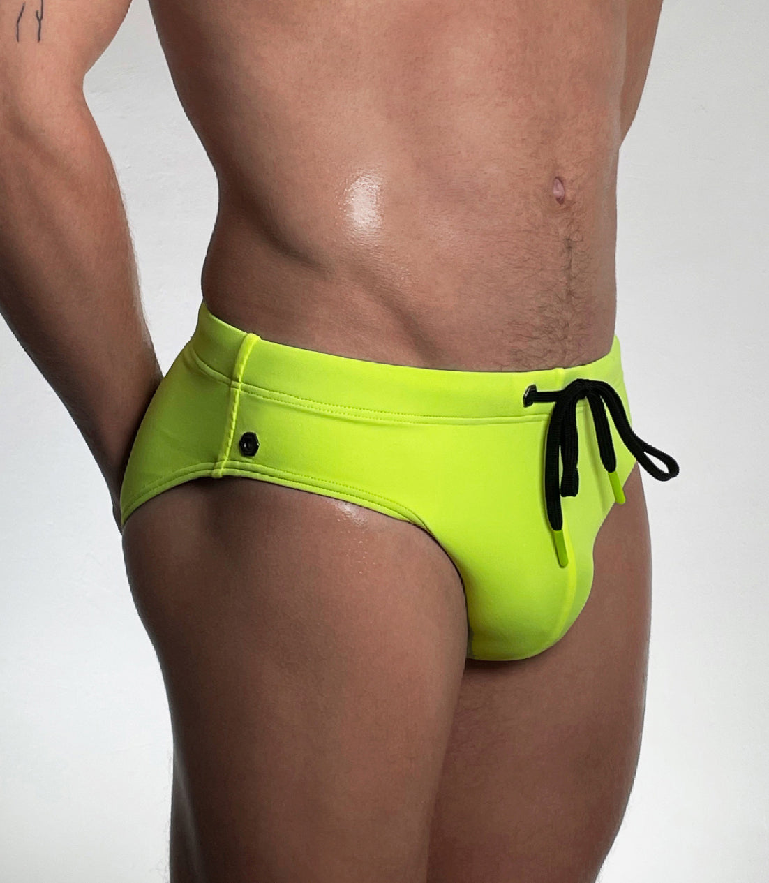 Neon Yellow Nylon Spandex Swim Brief With Logo Hardware And Contrast Drawstring