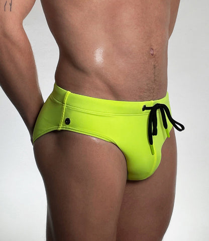 Neon Yellow Nylon Spandex Swim Brief With Logo Hardware And Contrast Drawstring