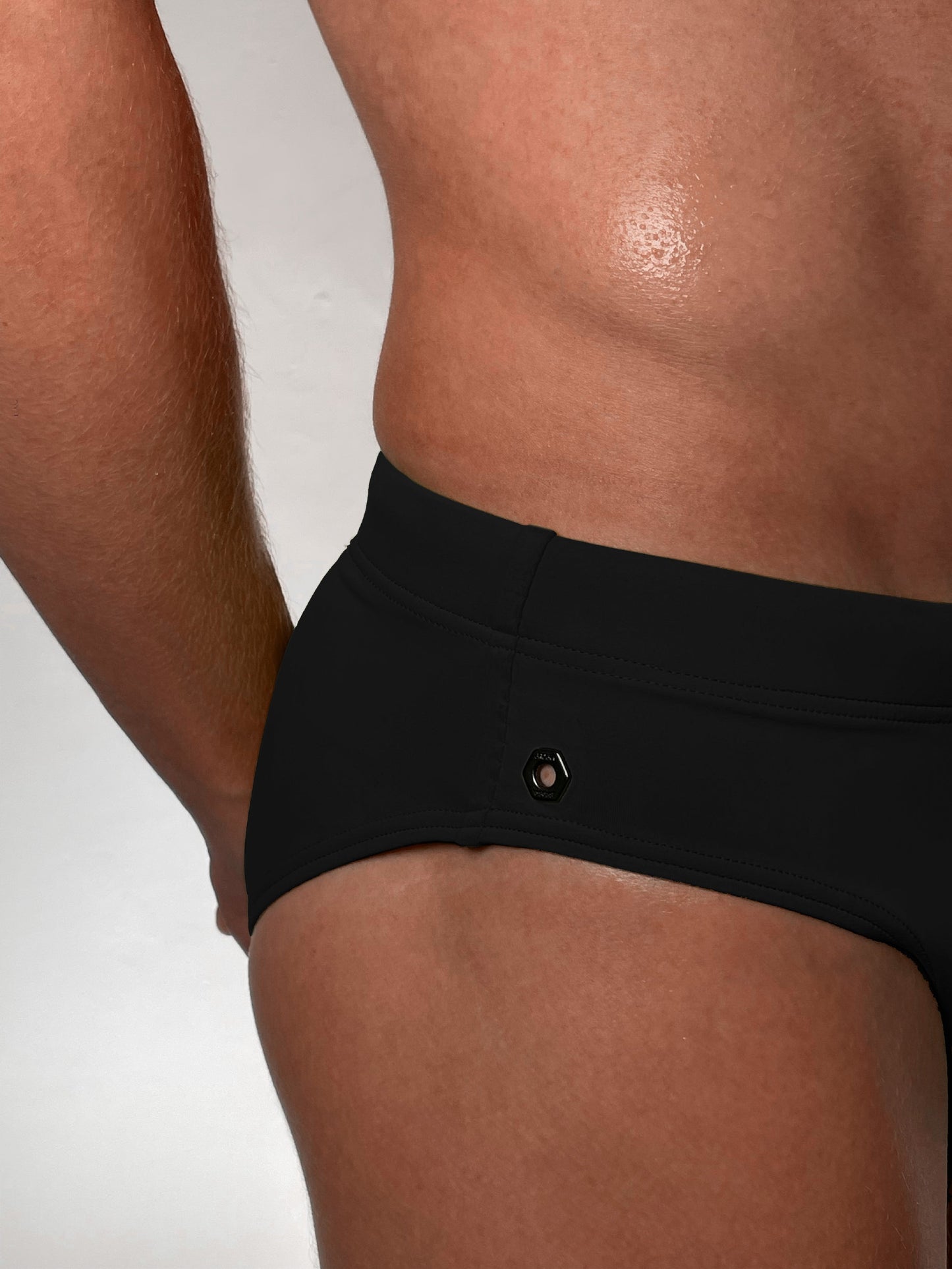 Jet Black Nylon Spandex Swim Brief With Neon Yellow Drawstring And Logo Hardware