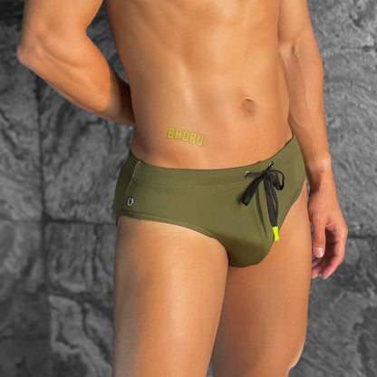 Army Green Nylon Spandex Swim Brief With Neon Yellow Drawstring And Logo Hardware