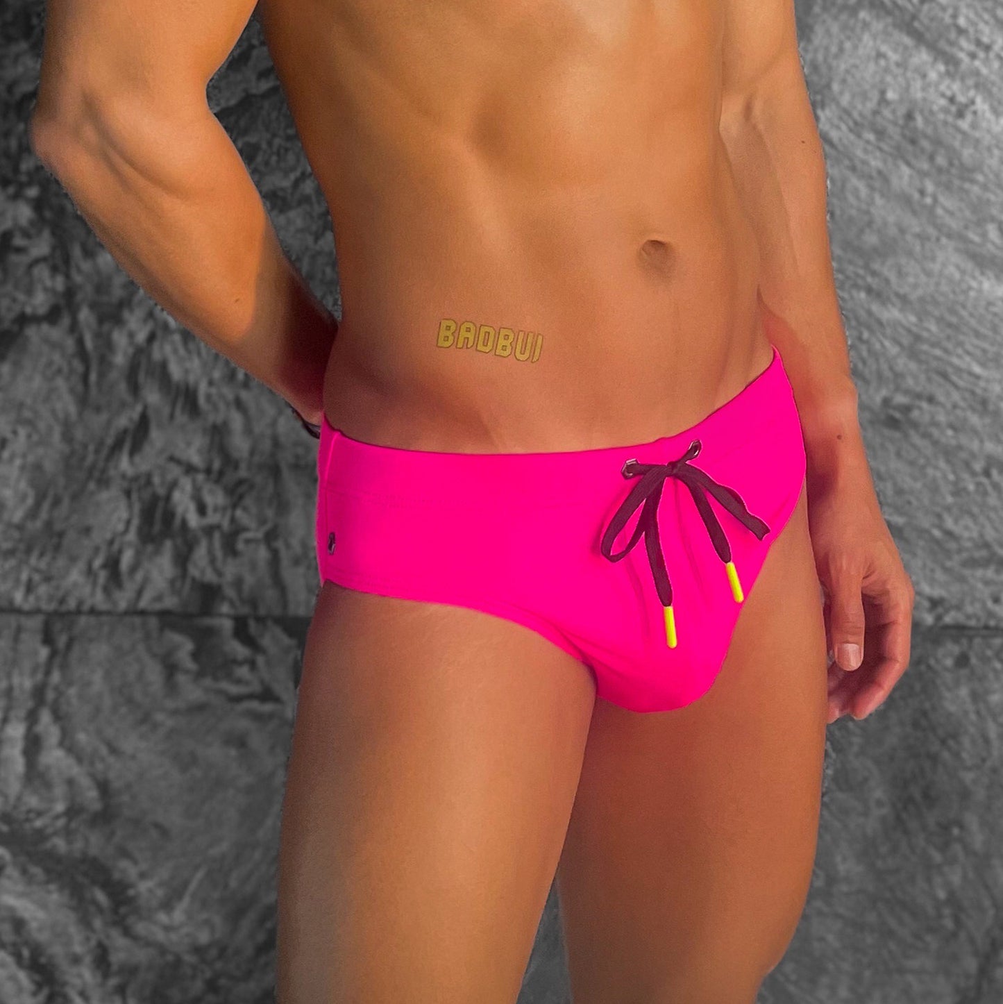 Hot Pink Nylon Swim Brief With Neon Drawstring And Logo Hardware