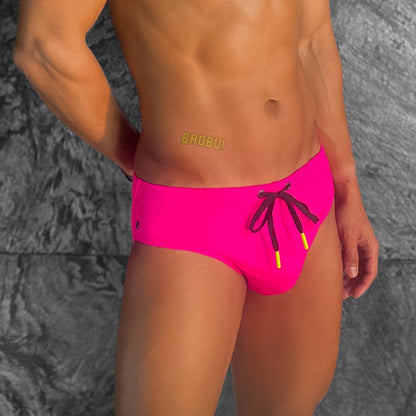 Hot Pink Nylon Swim Brief With Neon Drawstring And Logo Hardware