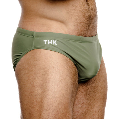 Sage Green Spandex Swim Brief With Front Seam Shaping And Low-Rise Cut