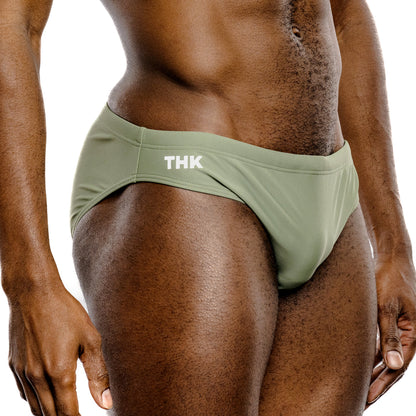 Sage Green Spandex Swim Brief With Front Seam Shaping And Low-Rise Cut