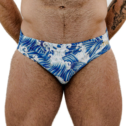 Blue Spandex Swim Brief With Wave Print And Low-Rise Cut