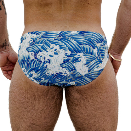 Blue Spandex Swim Brief With Wave Print And Low-Rise Cut
