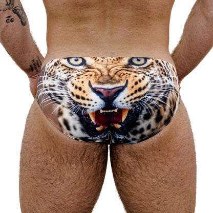 Tan Spandex Swim Brief With Cheetah Print And Low-Rise Cut