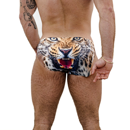 Tan Spandex Swim Brief With Cheetah Print And Low-Rise Cut