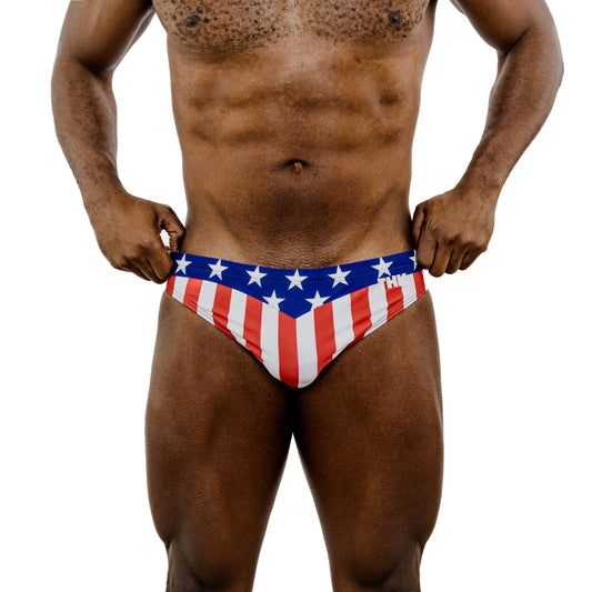 Patriotic Spandex Swim Brief With Americana Print And Low-Rise Cut