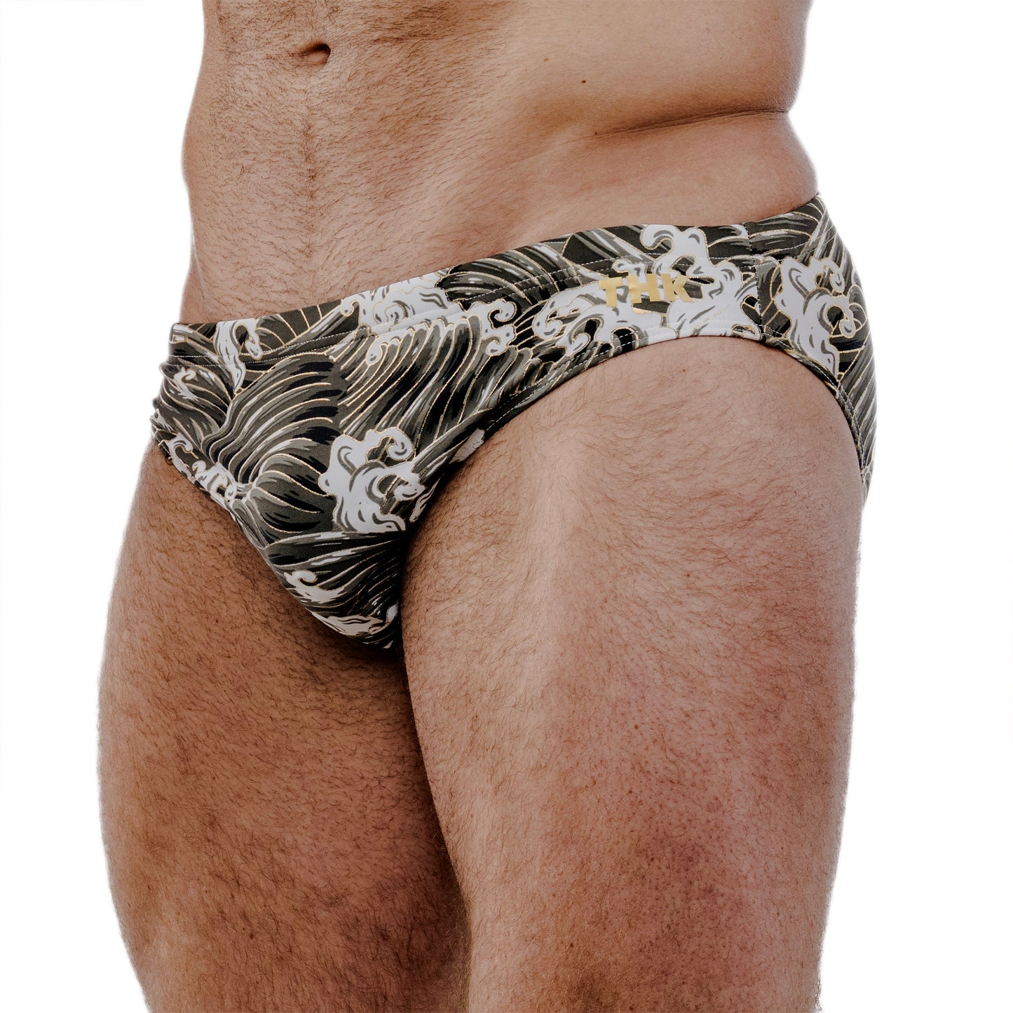 Gold Spandex Swim Brief With Wave Print And Low-Rise Cut