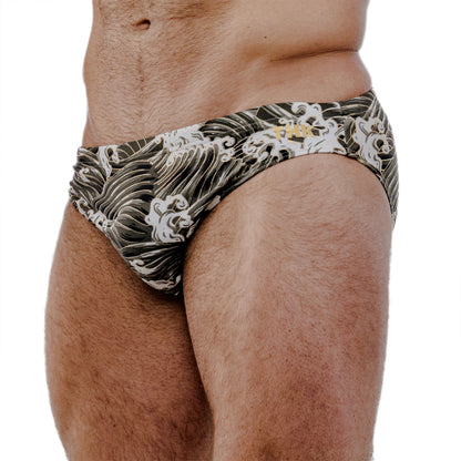 Gold Spandex Swim Brief With Wave Print And Low-Rise Cut
