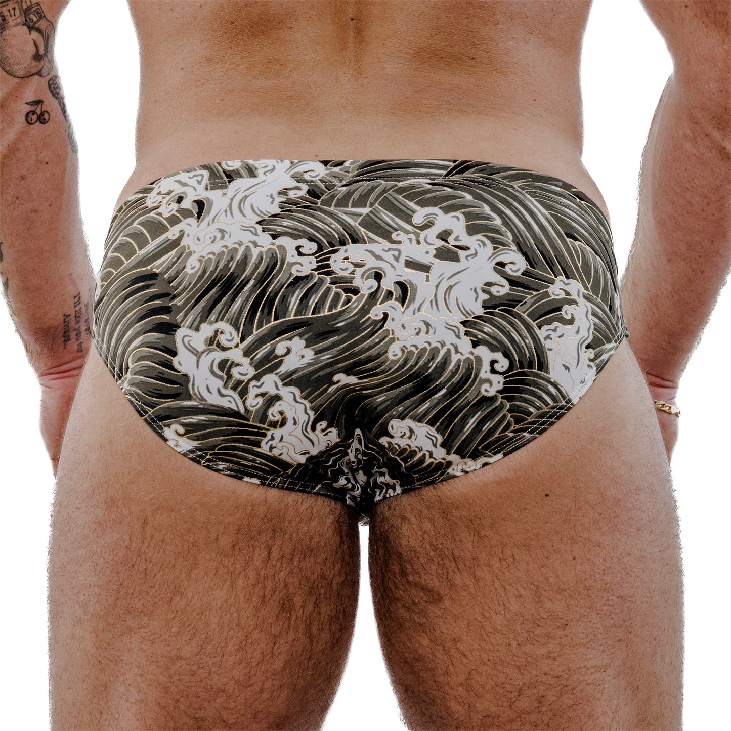 Gold Spandex Swim Brief With Wave Print And Low-Rise Cut