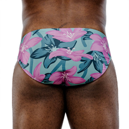 Pink Spandex Swim Brief With Hibiscus Print And Low-Rise Cut