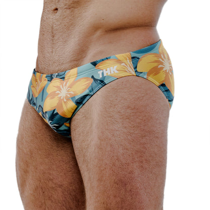 Yellow Spandex Swim Brief With Hibiscus Print And Low-Rise Cut