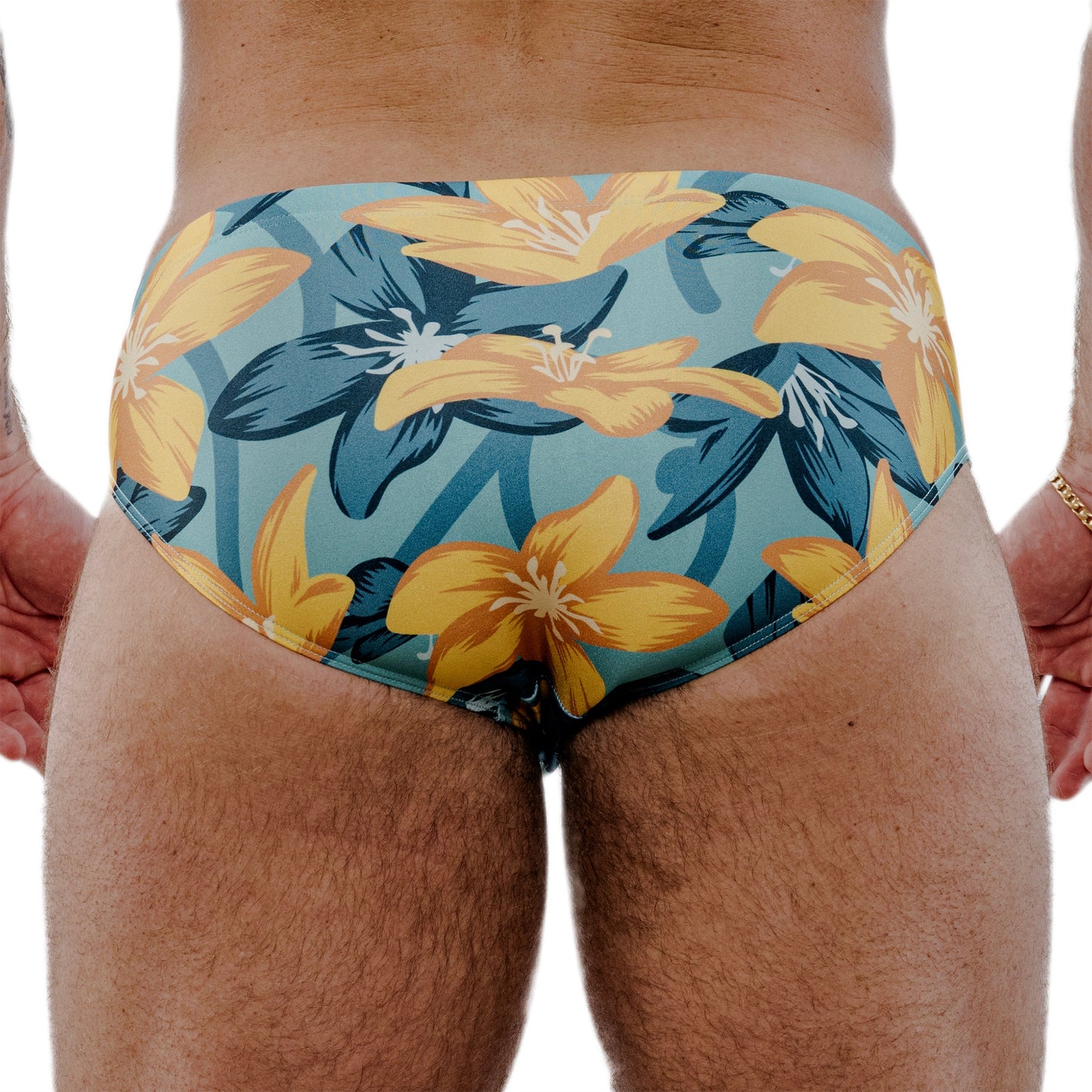 Yellow Spandex Swim Brief With Hibiscus Print And Low-Rise Cut