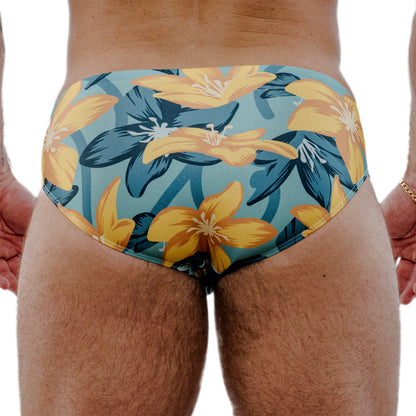 Yellow Spandex Swim Brief With Hibiscus Print And Low-Rise Cut