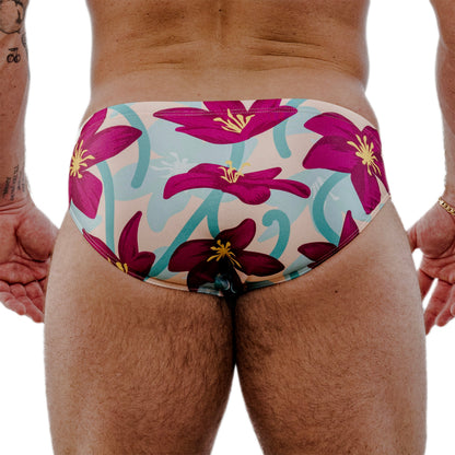 Red Spandex Swim Brief With Hibiscus Print And Low-Rise Cut