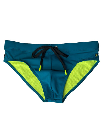 Aqua Blue Nylon Spandex Swim Brief With Neon Yellow Drawstring And Logo Hardware
