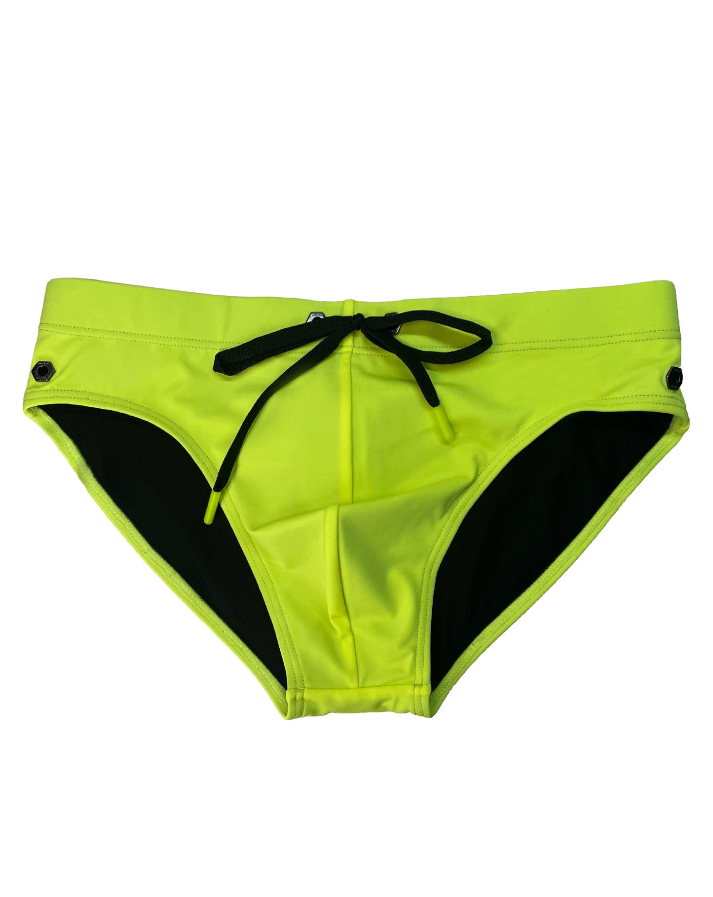 Neon Yellow Nylon Spandex Swim Brief With Logo Hardware And Contrast Drawstring
