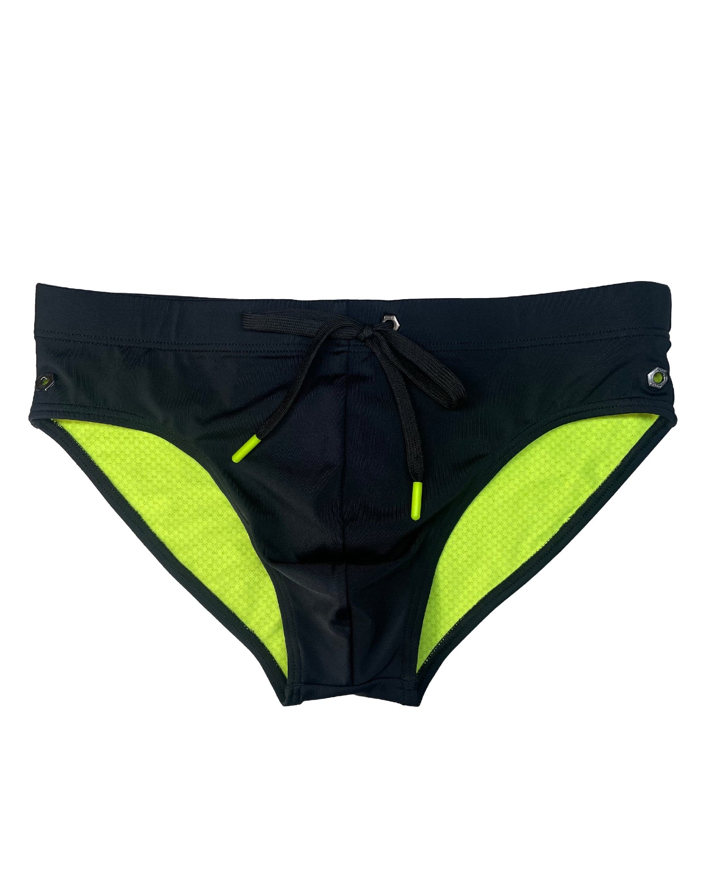 Jet Black Nylon Spandex Swim Brief With Neon Yellow Drawstring And Logo Hardware