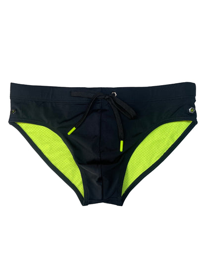 Jet Black Nylon Spandex Swim Brief With Neon Yellow Drawstring And Logo Hardware