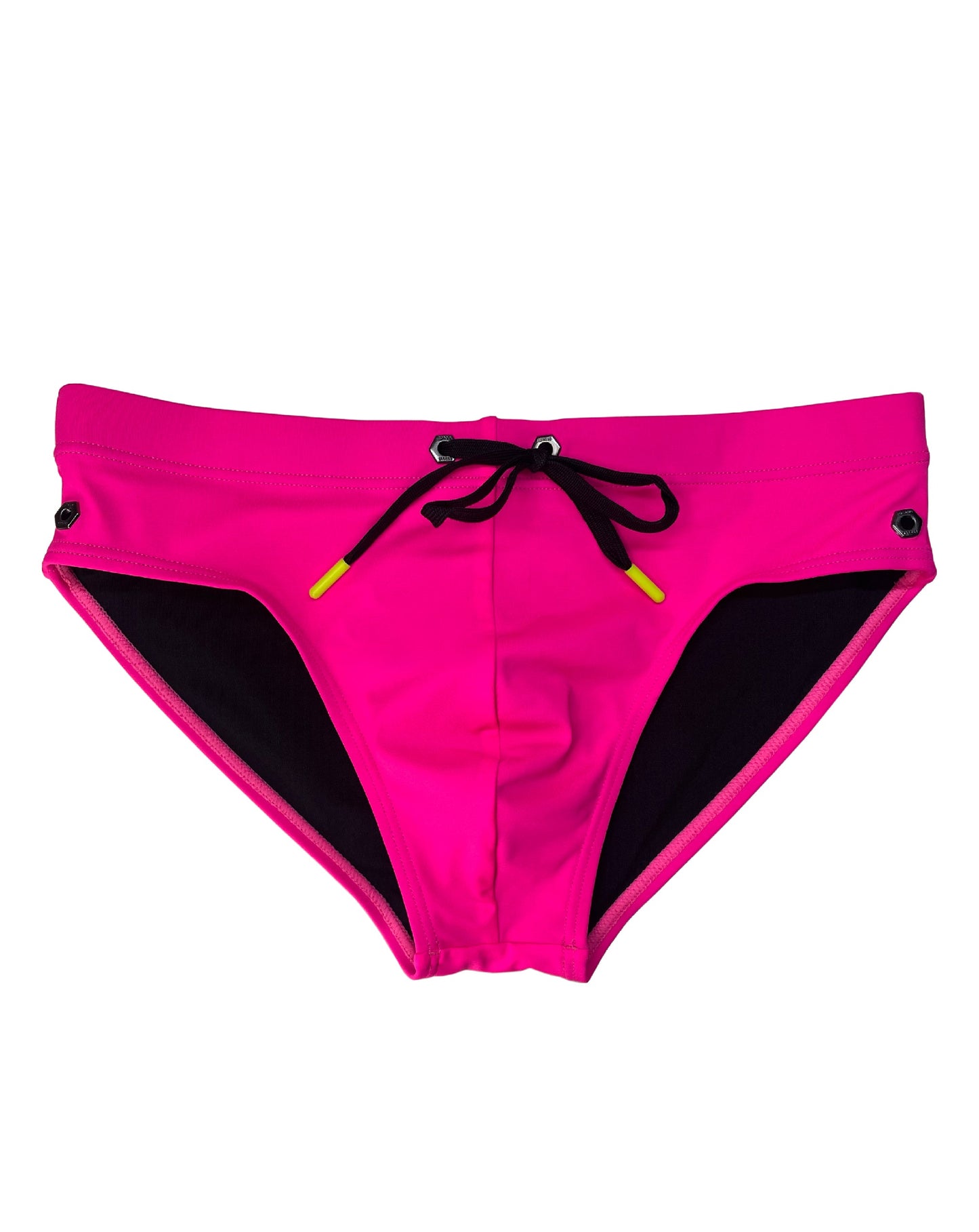 Hot Pink Nylon Swim Brief With Neon Drawstring And Logo Hardware