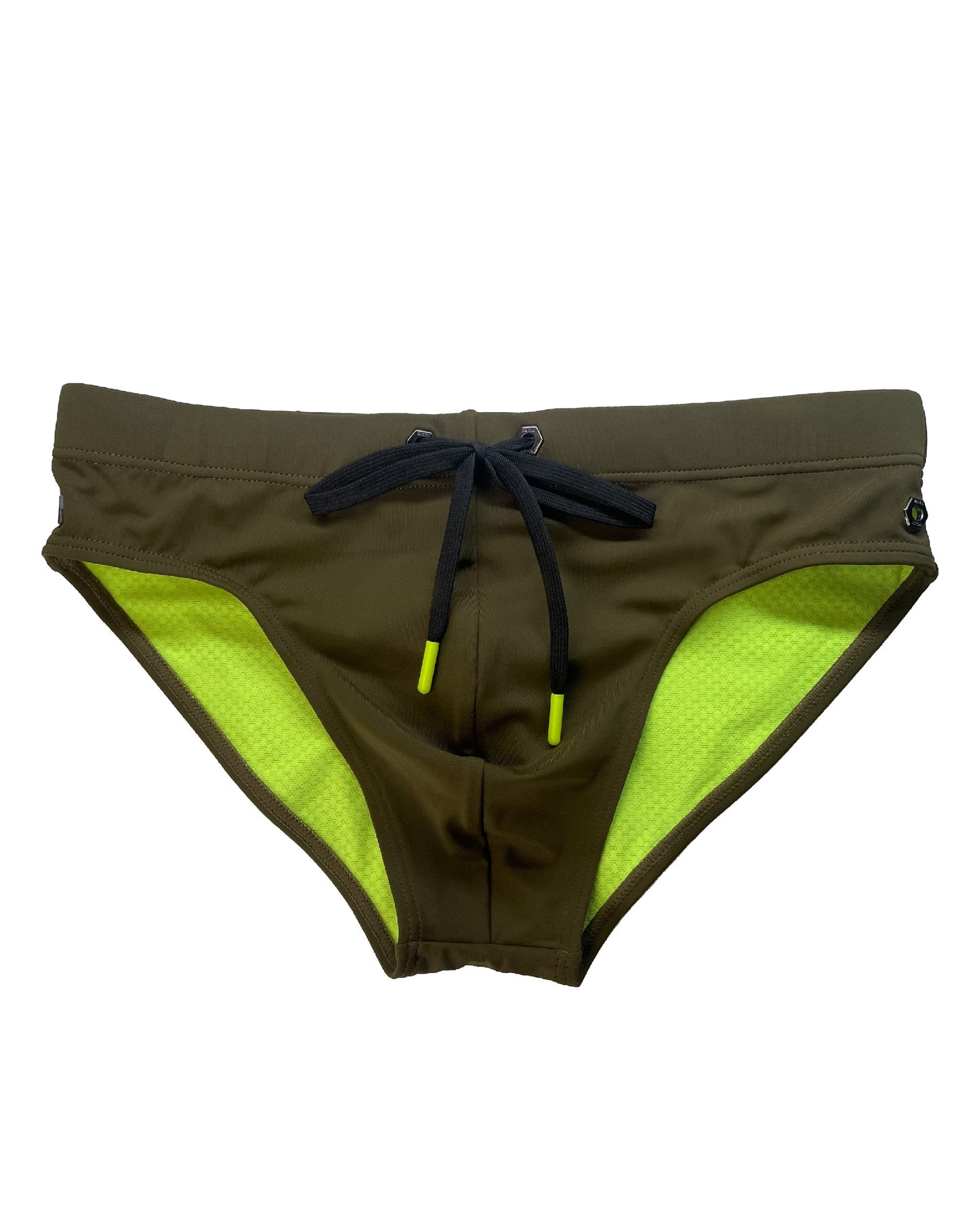 Army Green Nylon Spandex Swim Brief With Neon Yellow Drawstring And Logo Hardware