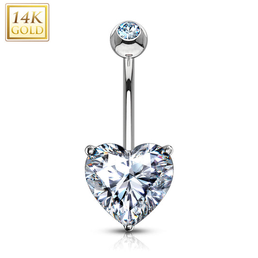 14k Solid White Gold Prong Set Clear 6mm CZ Heart Belly Ring