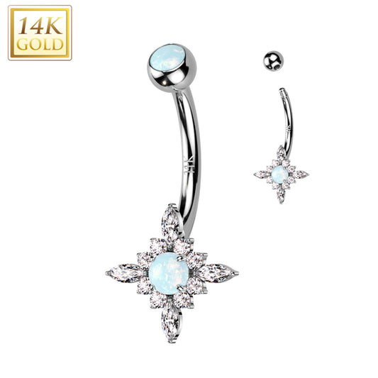 14k Solid White Gold CZ Synthetic Opal Star Burst Belly Ring