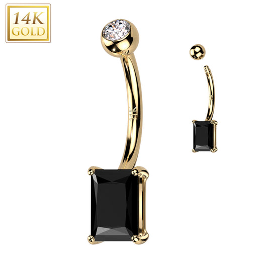 14k Soid Yellow Gold 6mm Black Princess Cubic Zirconia Belly Ring