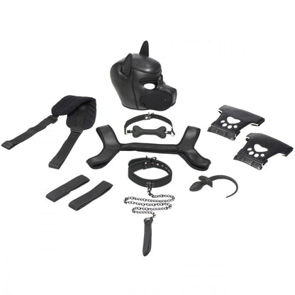 Black pet gear kit flat lay with face mask, collar, gloves, straps, chain, and gag