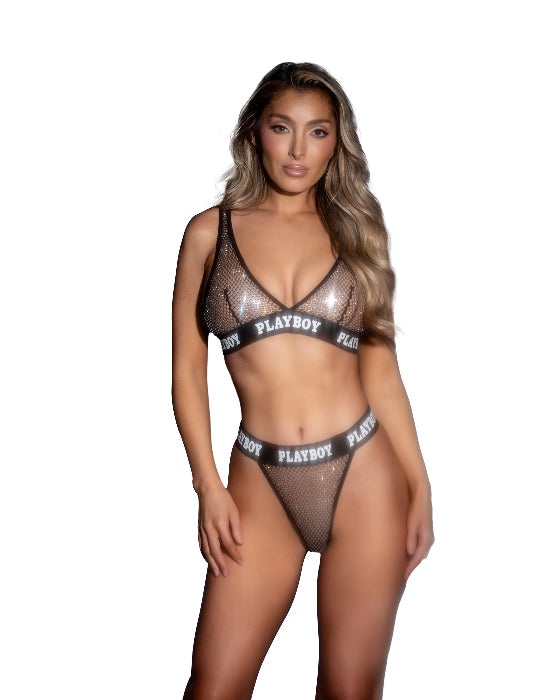 Playboy Galaxy Bunny Rhinestone Fishnet Bra And Thong Set