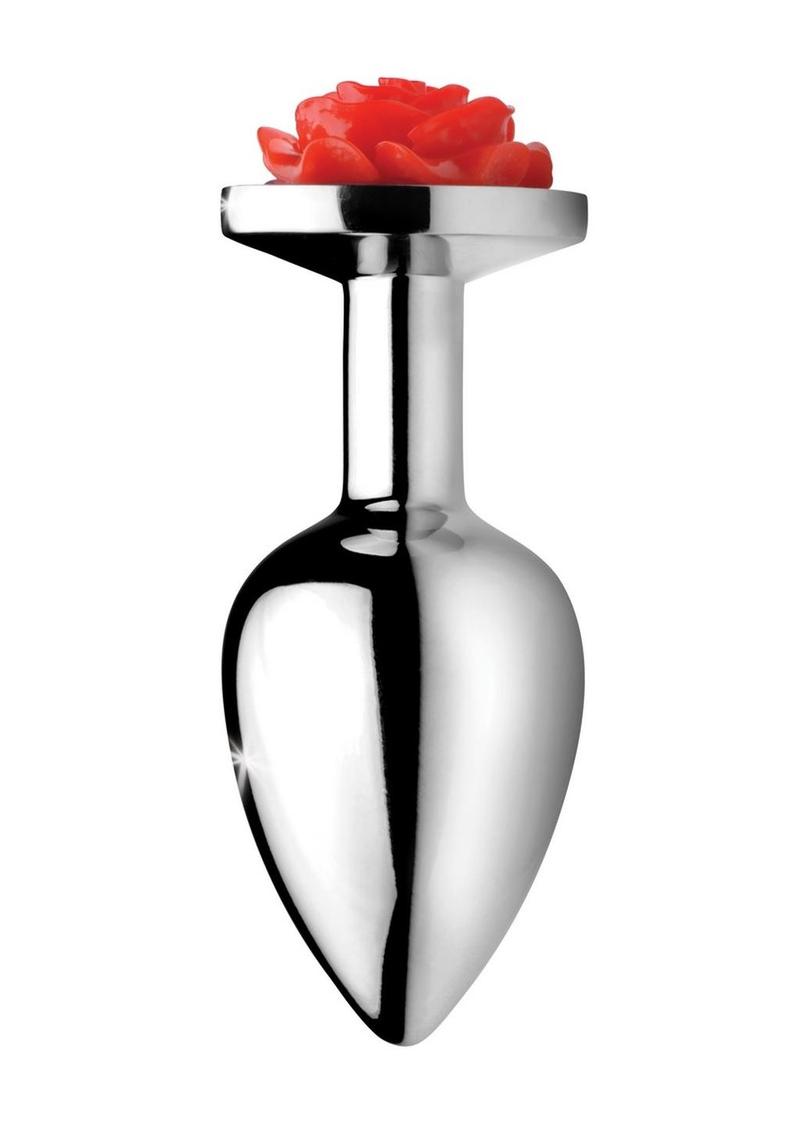 Red Rose Aluminum Anal Plug With Flower Gem Base — Small & Medium
