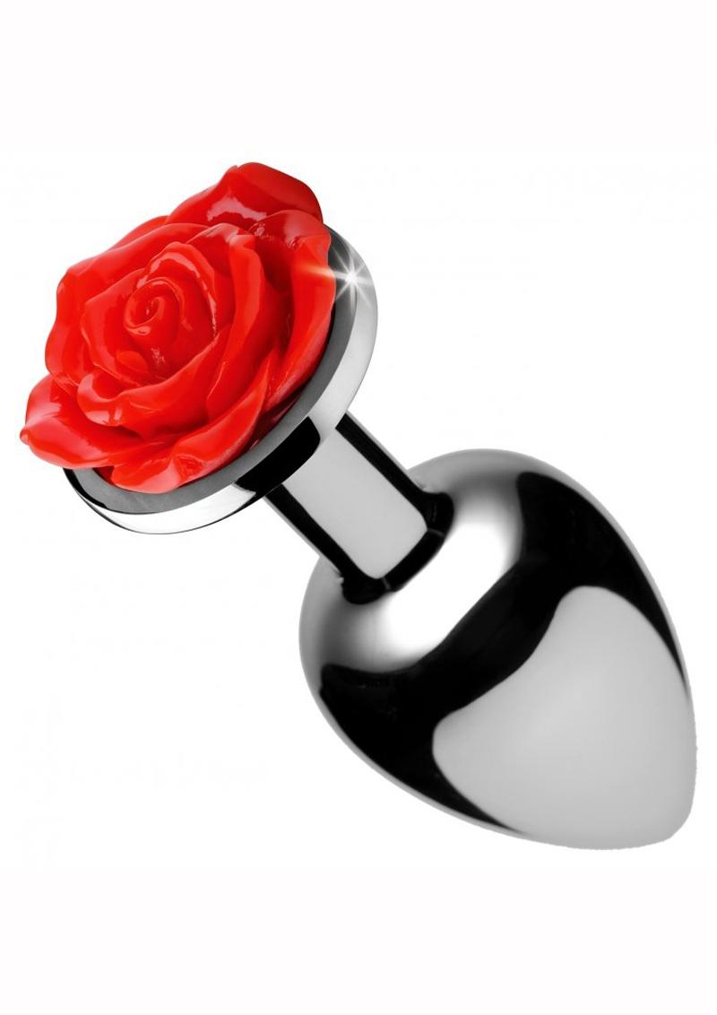 Red Rose Aluminum Anal Plug With Flower Gem Base — Small & Medium