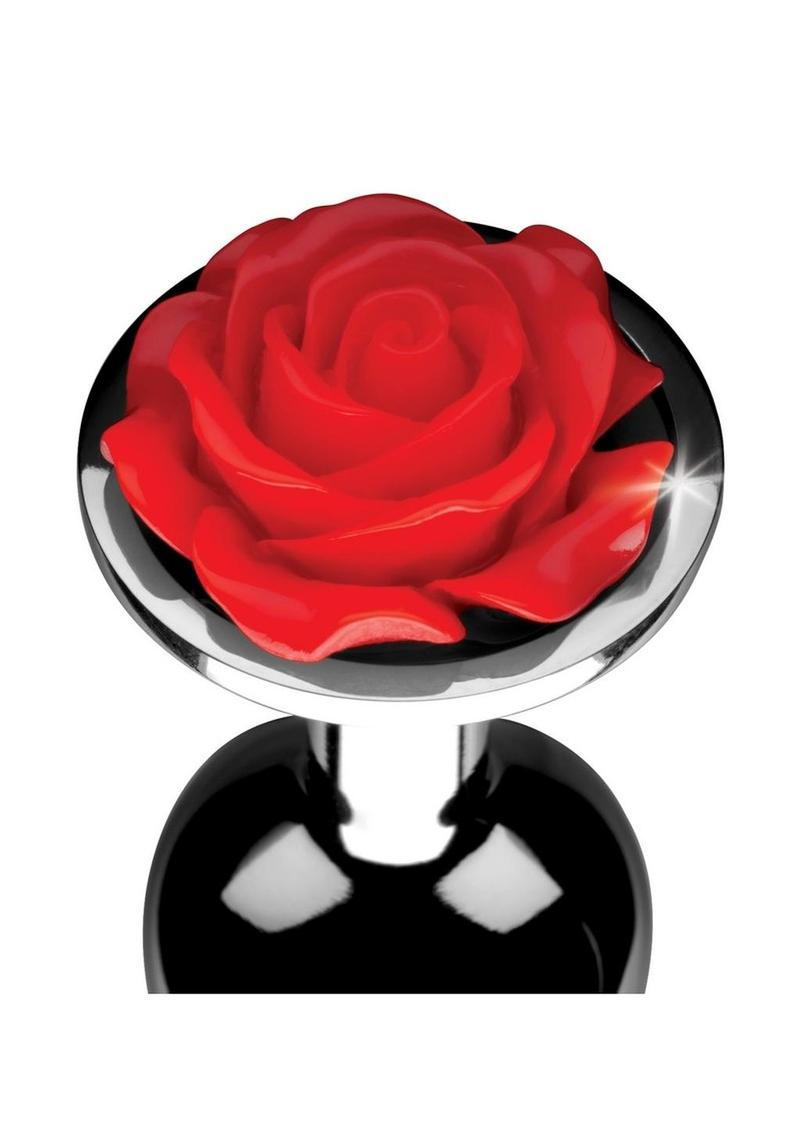 Red Rose Aluminum Anal Plug With Flower Gem Base — Small & Medium