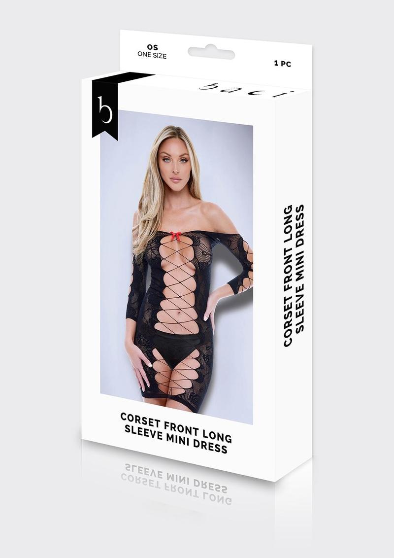 Corset-front mini dress packaging, black lace mesh design with long sleeves
